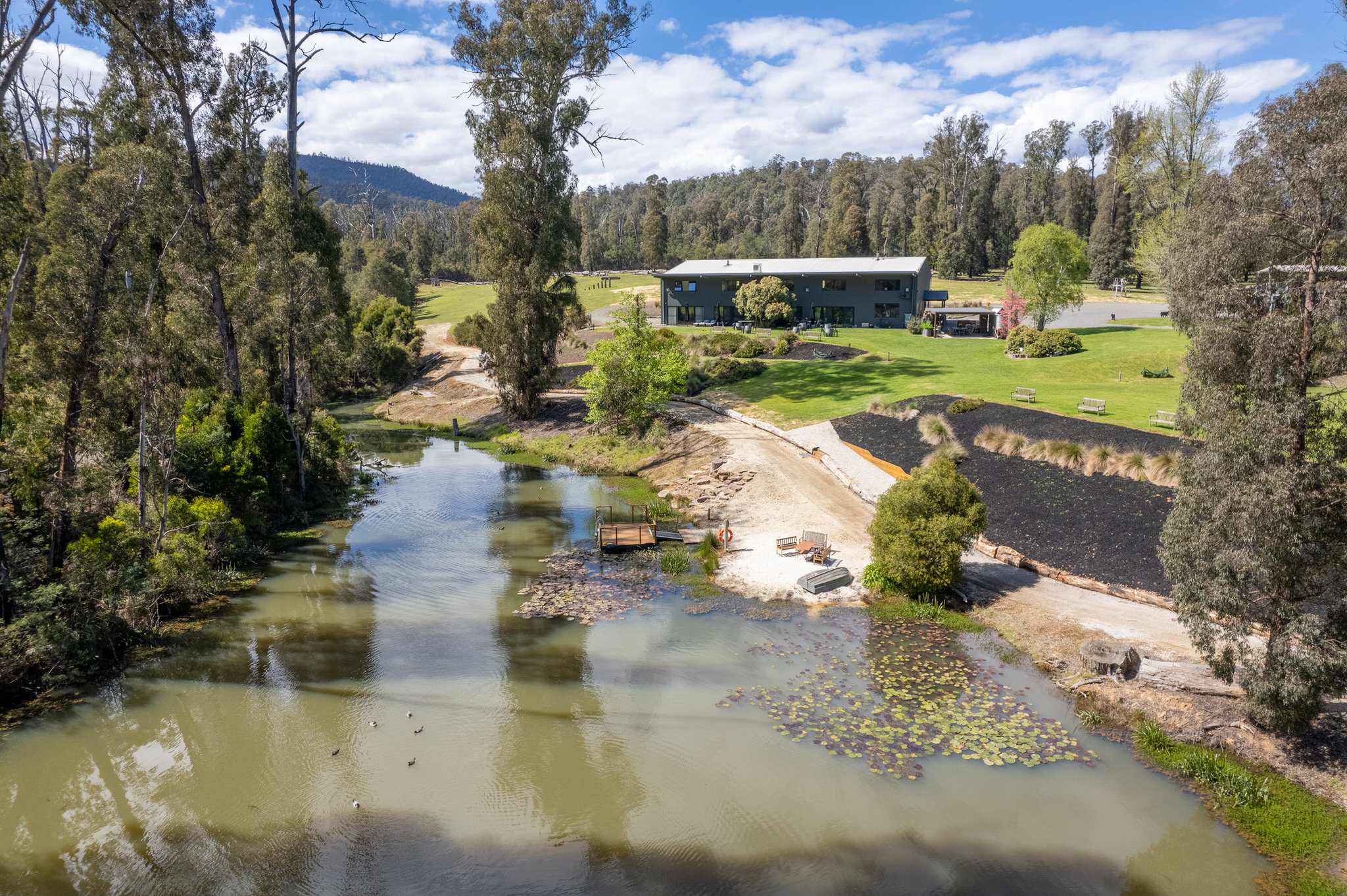 Saladin Lodge from above with lake